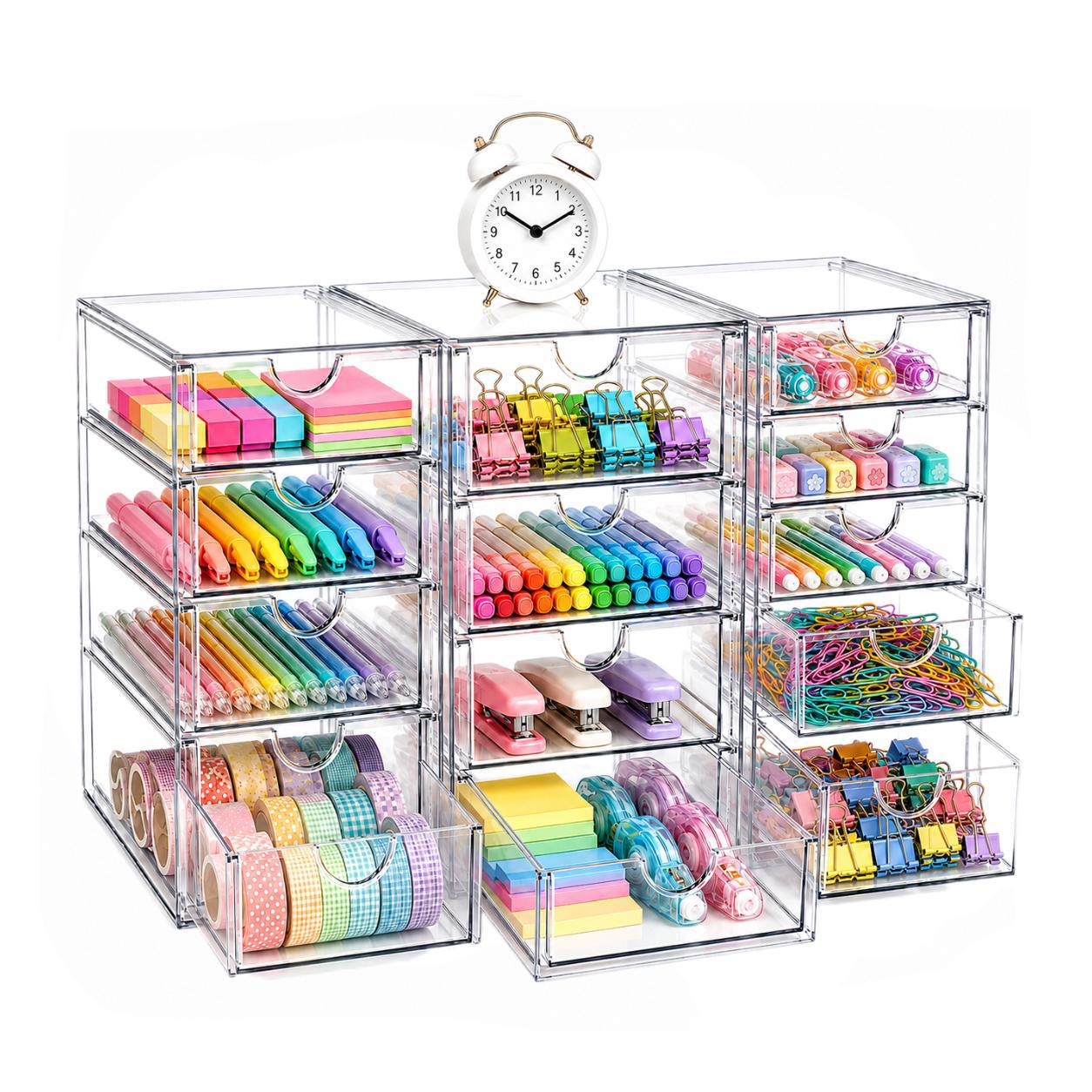 Desktop Organizer Bamboo - กล่องเก็บของอะคริลิกใส 3 ชิ้น พร้อมลิ้นชัก 13 ช่อง