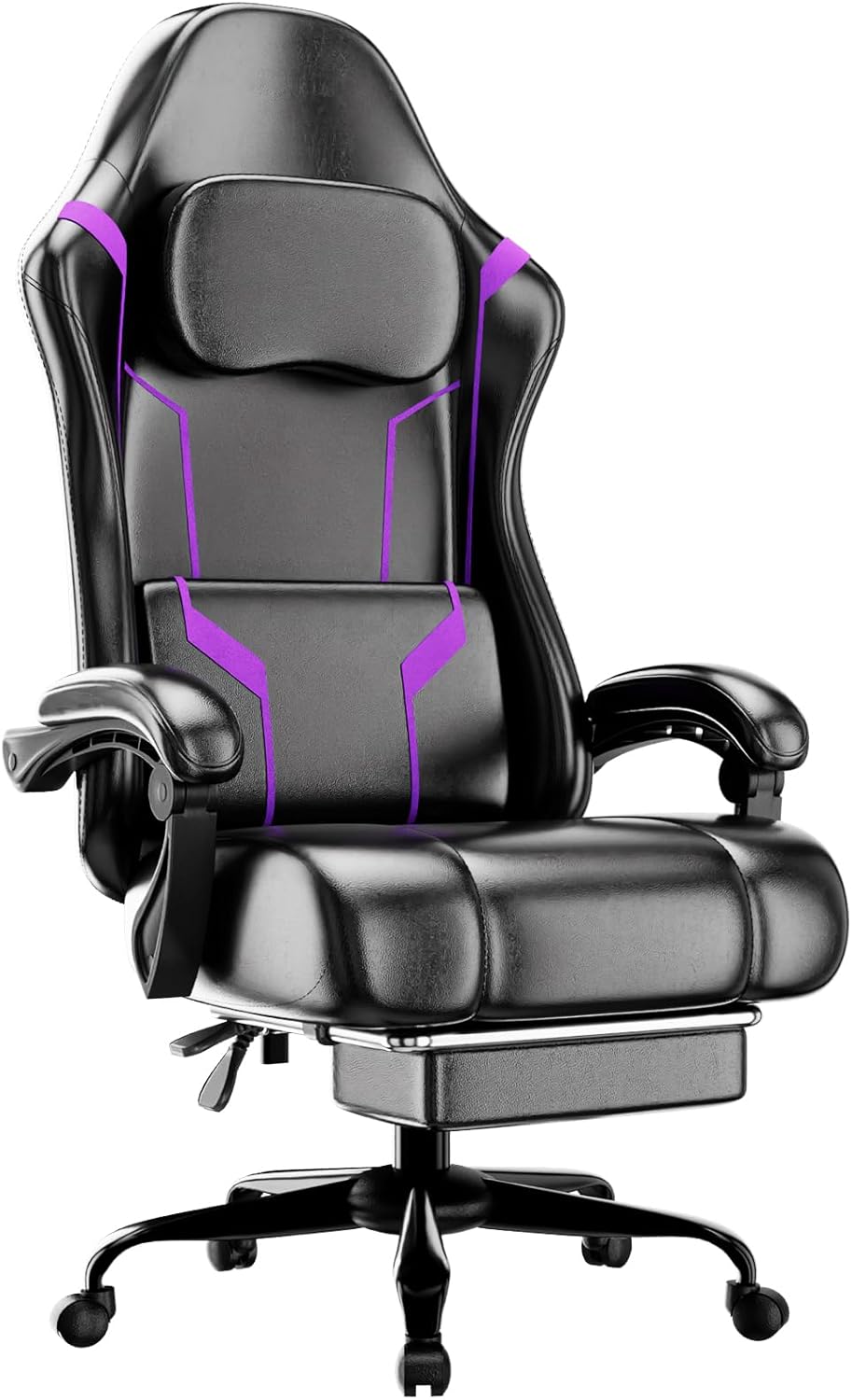 Home Office Chair - เก้าอี้เล่นเกมตามหลักสรีรศาสตร์พร้อมเบาะพ็อกเก็ตสปริงและที่วางเท้า เก้าอี้คอมพิวเตอร์แบบหมุนปรับความสูงได้สำหรับโฮมออฟฟิศ สีม่วง