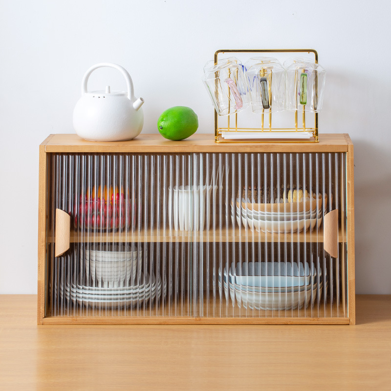 Desktop Organizer Bamboo - ตู้เก็บของในครัวไม้เนื้อแข็งสไตล์ญี่ปุ่นพร้อมประตูกระจก ชั้นวางของในห้องรับประทานอาหารขนาดกะทัดรัด ชั้นวางของแบบโมดูลาร์สำหรับจัดระเบียบบนโต๊ะ
