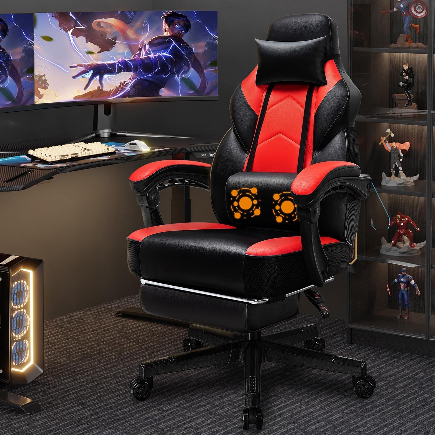 Home Office Chair - เก้าอี้เกมมิ่งพร้อมที่วางเท้า ระบบนวดหลัง รองรับสรีระ ออกแบบตามหลักสรีรศาสตร์ สำหรับใช้ในบ้าน สำนักงาน