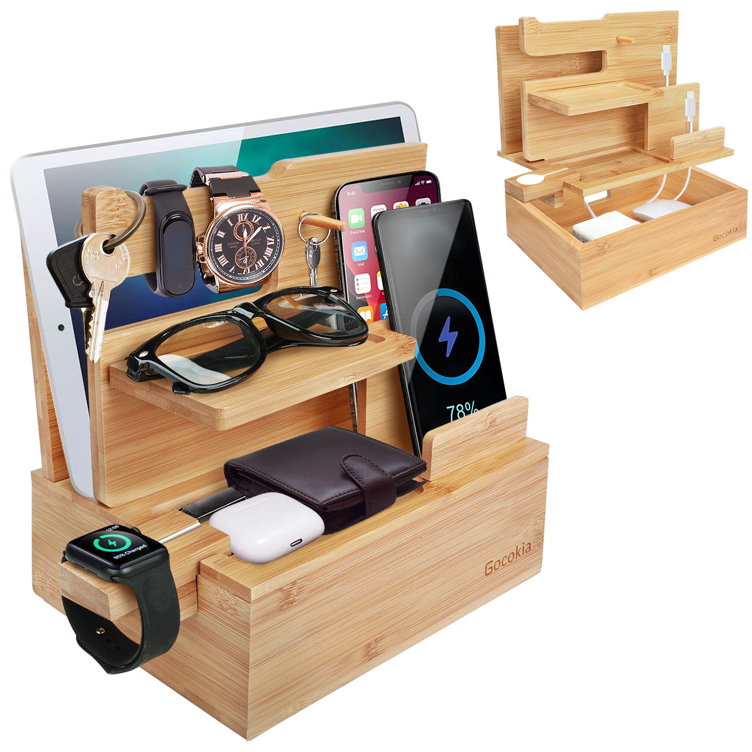 Desktop Organizer Bamboo - ที่วางโทรศัพท์แบบตั้งโต๊ะ ทำจากไม้ไผ่ เป็นมิตรกับสิ่งแวดล้อม อุปกรณ์เสริมอเนกประสงค์สำหรับสำนักงานและบ้าน