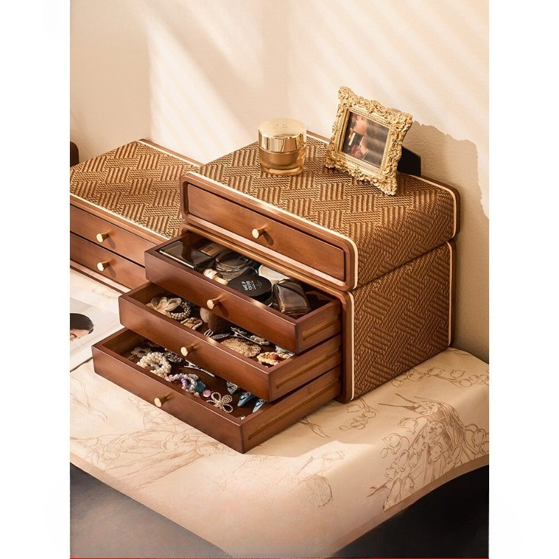 Desktop Organizer Bamboo - กล่องจัดระเบียบของใช้บนโต๊ะทำงานแบบวินเทจ, ชั้นวางเก็บเครื่องประดับหลายชั้นสำหรับโต๊ะเครื่องแป้ง, กล่องเก็บของที่ระลึกสไตล์เรโทรสำหรับเครื่องสำอางและของสะสม