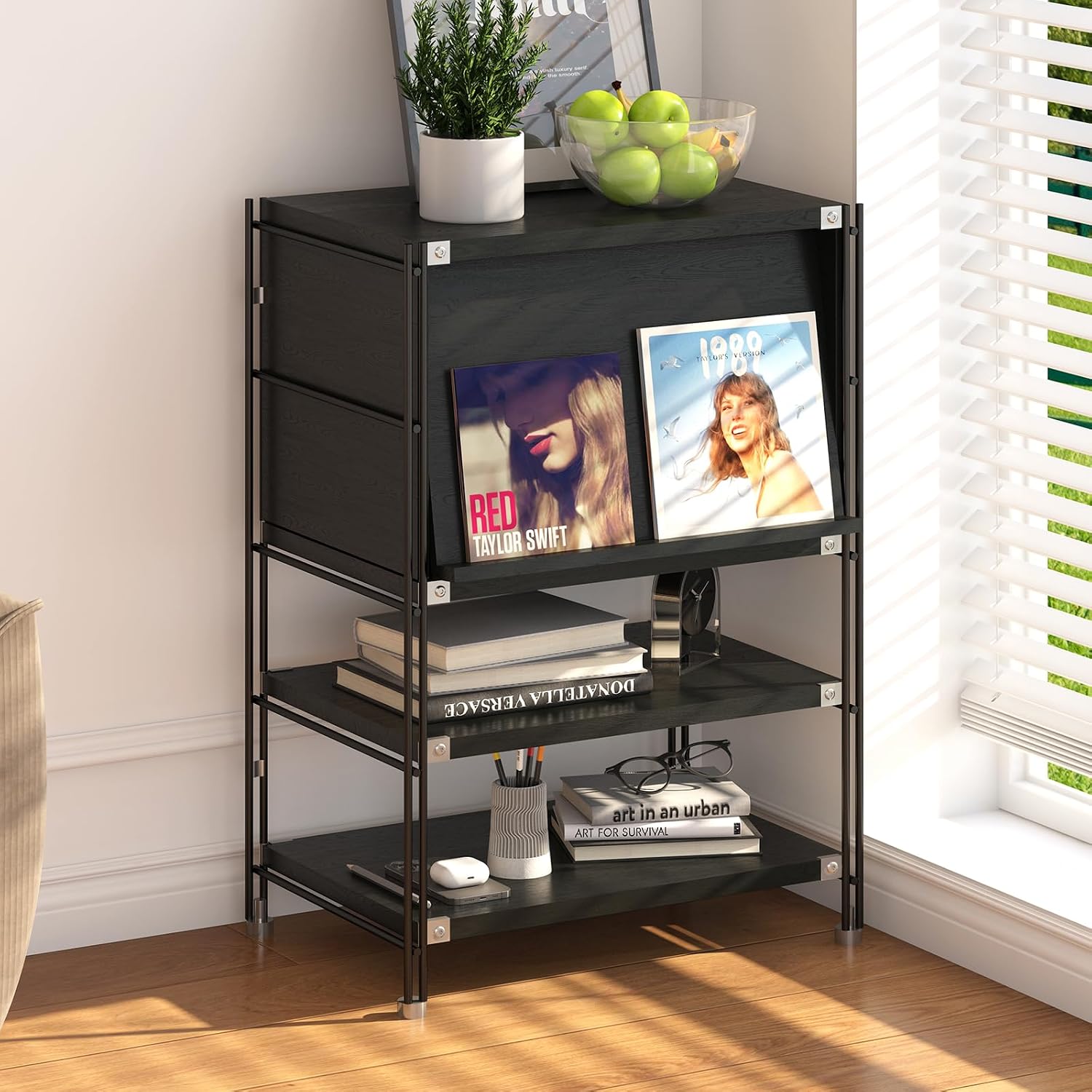 Home Office Furniture - ชั้นวางหนังสือไม้และโลหะ 3 ชั้น พร้อมบานประตูเปิดขึ้นได้, ตู้เก็บของแบบตั้งพื้นสำหรับห้องนั่งเล่น ห้องนอน
