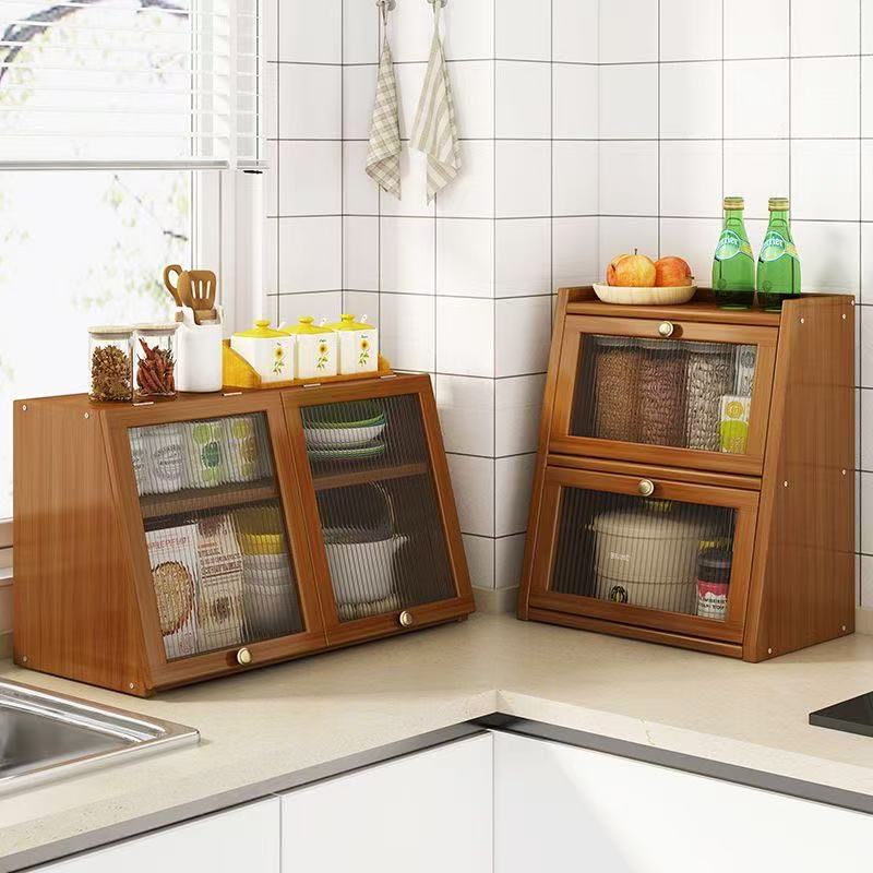 Desktop Organizer Bamboo - ตู้เก็บของในครัวไม้ไผ่พร้อมประตูอะคริลิค ชั้นวางจานชาม ชั้นวางของบนโต๊ะ ลิ้นชักเก็บของ ตู้โชว์จาน